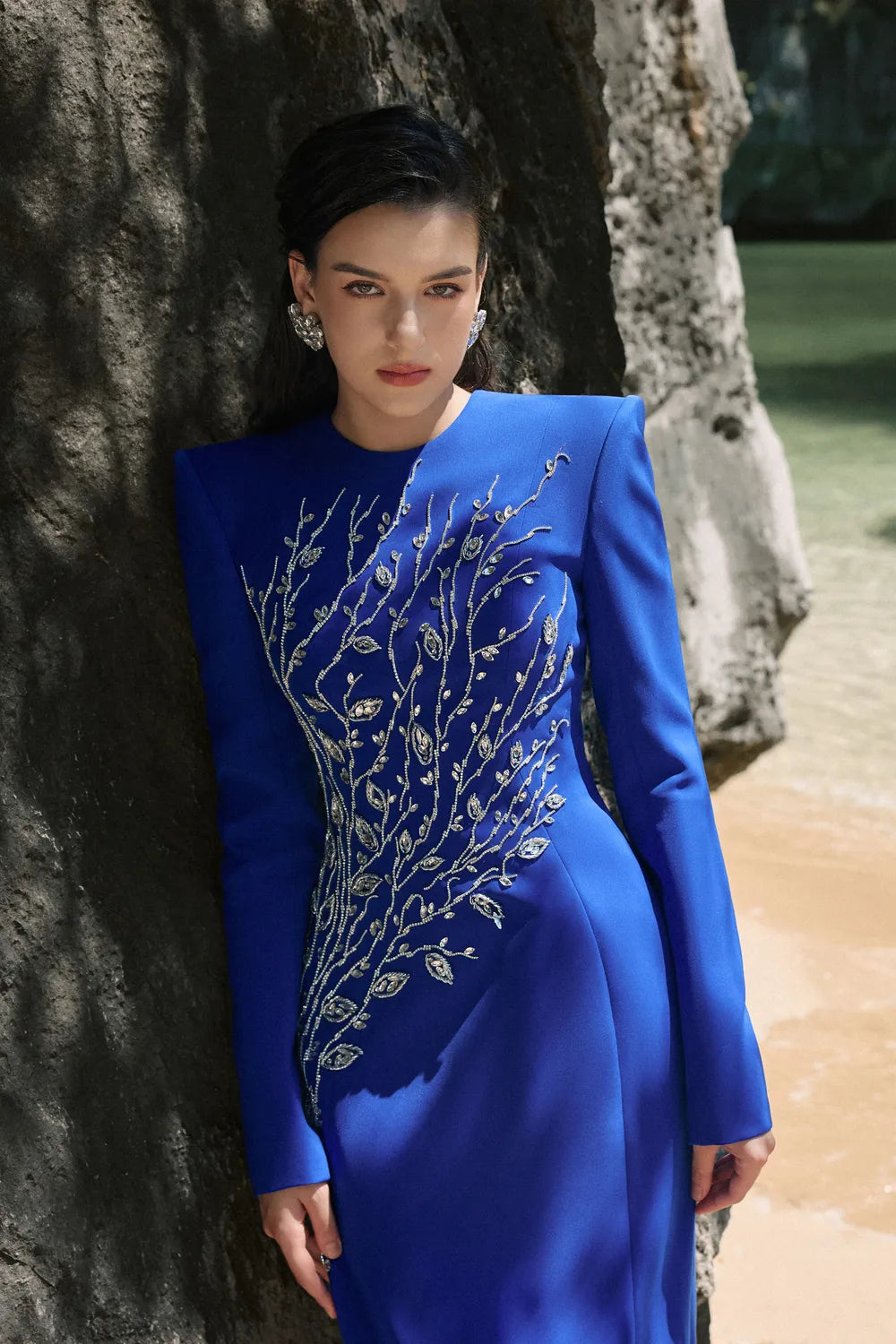 Padded Shoulder Crystal Embellished Straight Dress